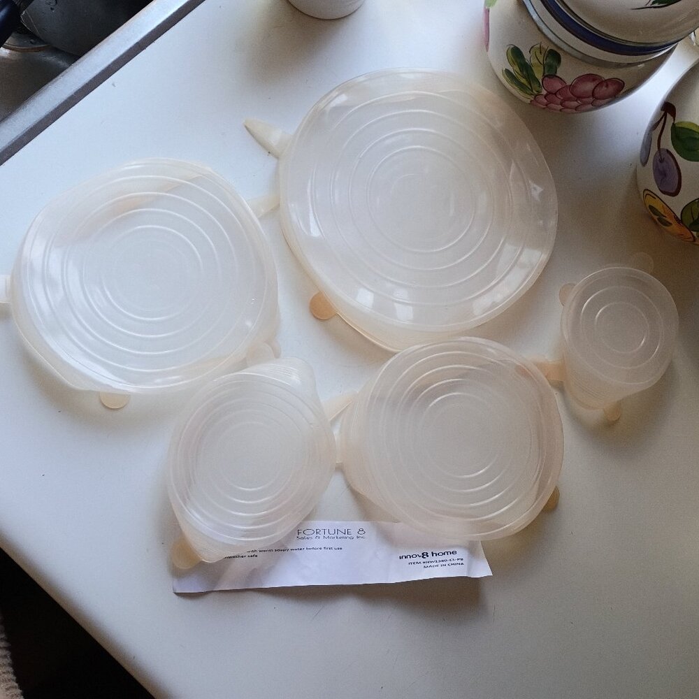 5 Unused Plastic Bowl Covers 3 1/2 in to 7 1/2 ln